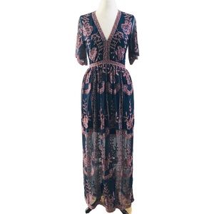 Altar’d State Catania Embroidered Maxi Dress. Navy mauve purple